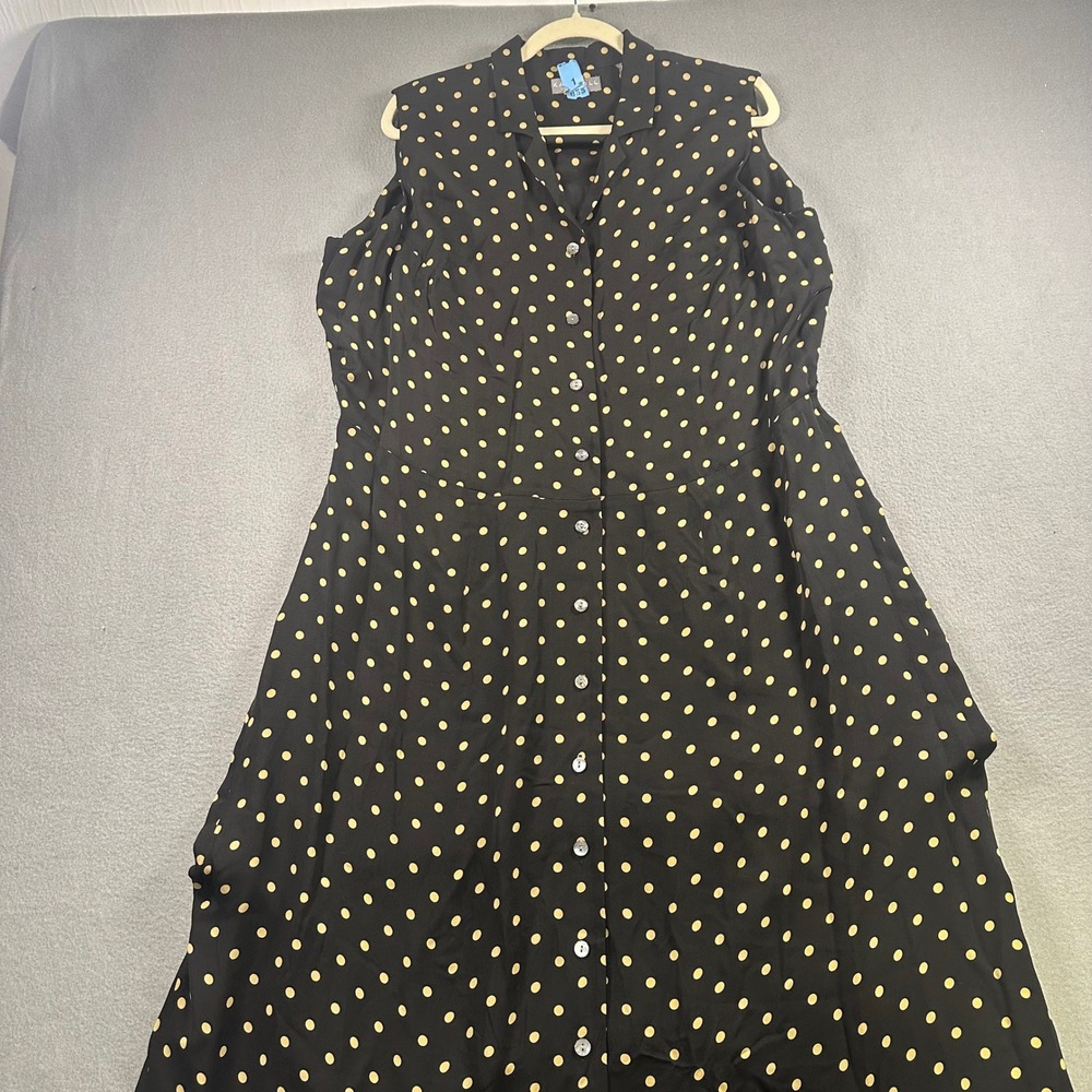 Kate Hill 100% Silk Polka Dot Sleeveless Button Down Midi Dress Black Gold 18W